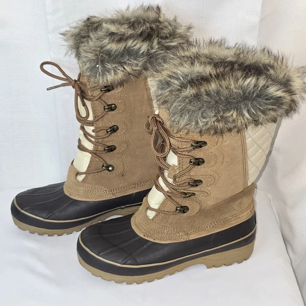 Khombu Nordic 2 Winter Snow Boots Brown Leather Faux Fur Lace Up Shoes Size‎ 6